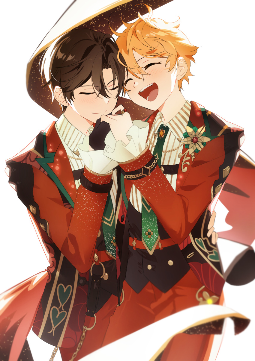 2boys, absurdres, akehoshi_subaru, black_gloves, black_hair, chikasarang, closed_eyes, commentary