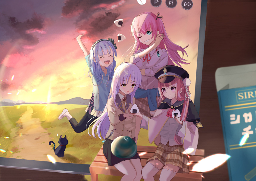 1other, 4girls, absurdres, aikawa_megumi, angel_beats!, arm_up, black_cat, black_hairband