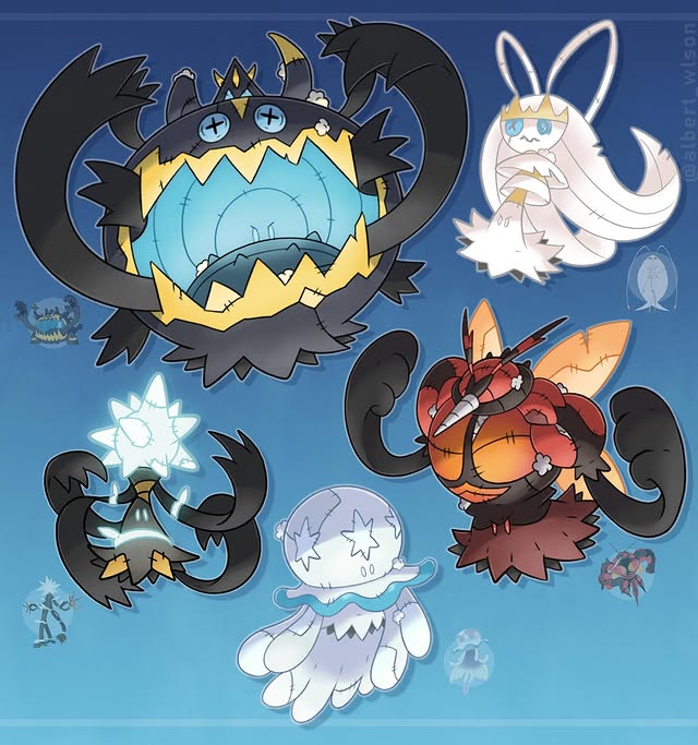 albrt-wlson, blue_background, buttons, buzzwole, buzzwole_(cosplay), clenched_hands, commentary, cosplay, english_commentary, full_body, gradient_background, guzzlord, guzzlord_(cosplay), instagram_username, mimikyu, nihilego, nihilego_(cosplay), no_humans, official_art_inset, pheromosa, pheromosa_(cosplay), pokemon, pokemon_(creature), pokemon_focus, procreate_(medium), stitches, stuffing, xurkitree, xurkitree_(cosplay)