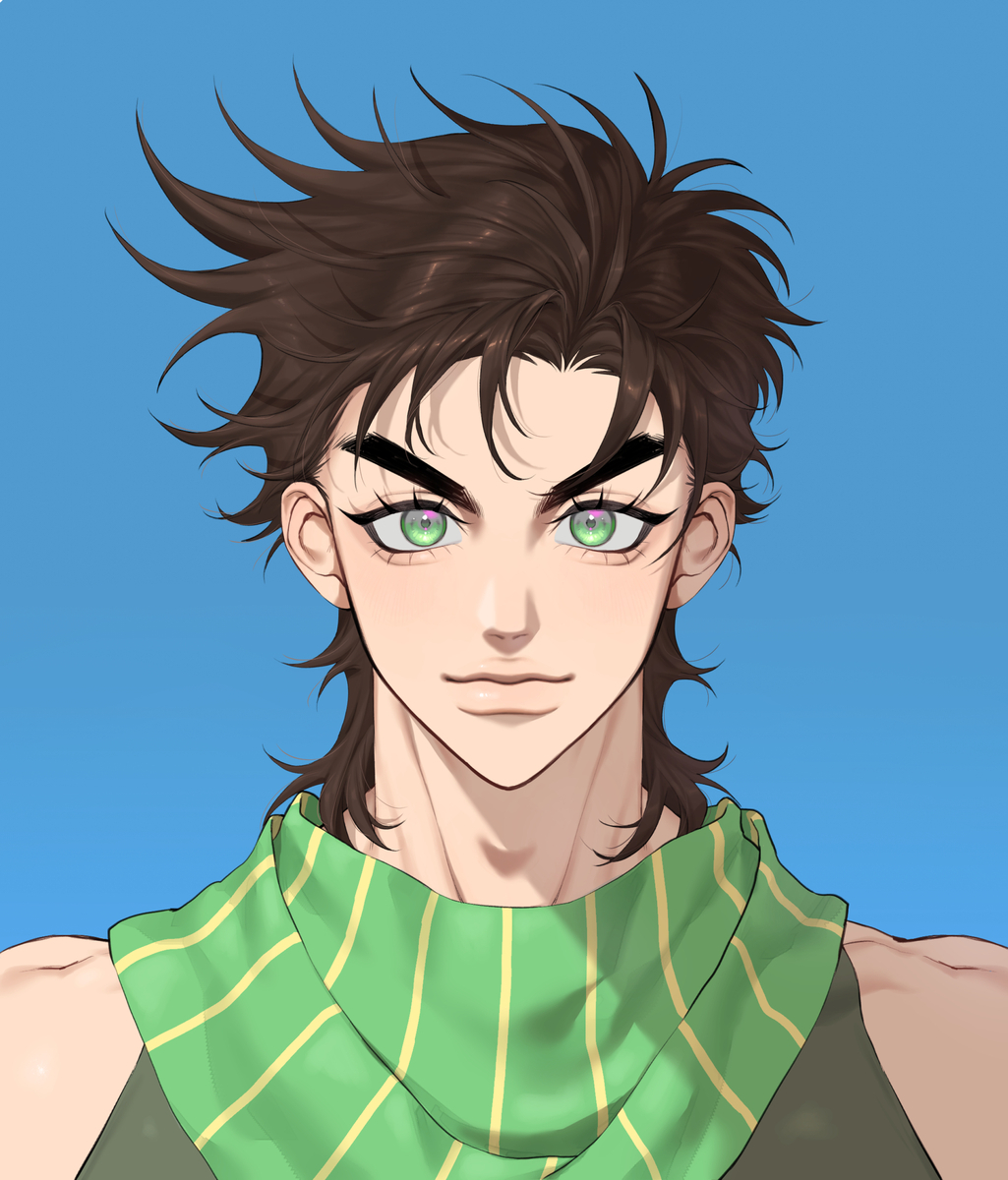 1boy, battle_tendency, blue_background, brown_hair, commentary_request, green_eyes, green_scarf, green_tank_top