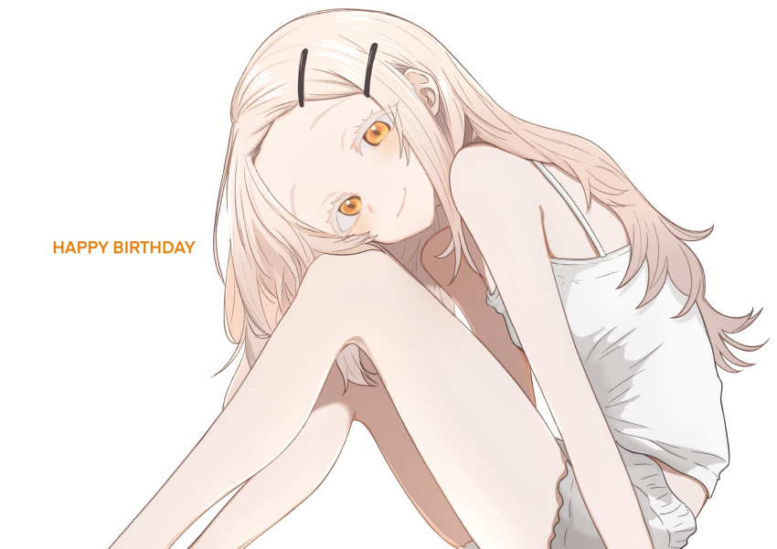 1girl, blonde_hair, breasts, camisole, closed_mouth, colored_eyelashes, feet_out_of_frame, from_side
