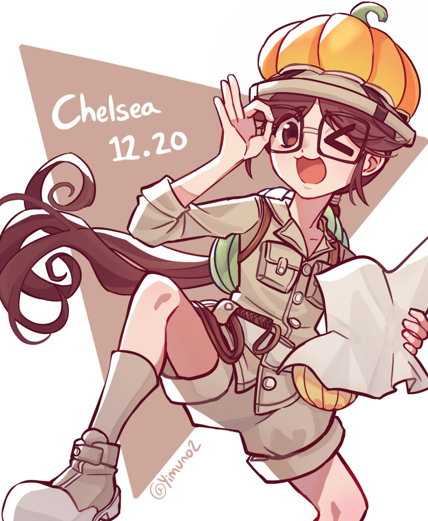 >_o, 1girl, :3, adjusting_eyewear, backpack, bag, belt, birthday