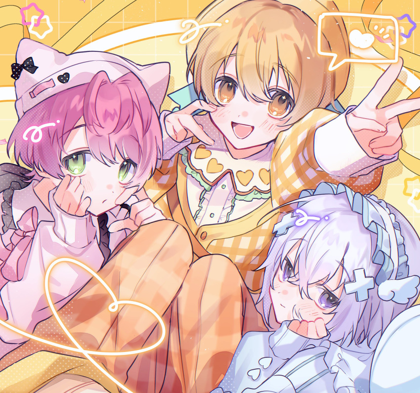 3boys, animal_hat, arm_up, beanie, blonde_hair, blue_headdress, cat_hat, frilled_headwear