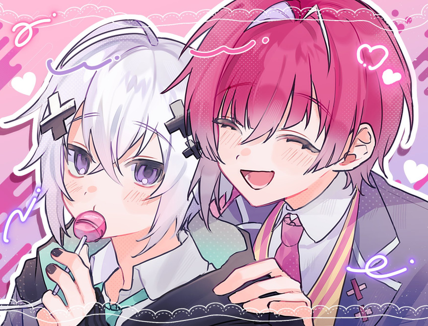2boys, ahoge, black_nails, blush, candy, closed_eyes, food, grey_jacket
