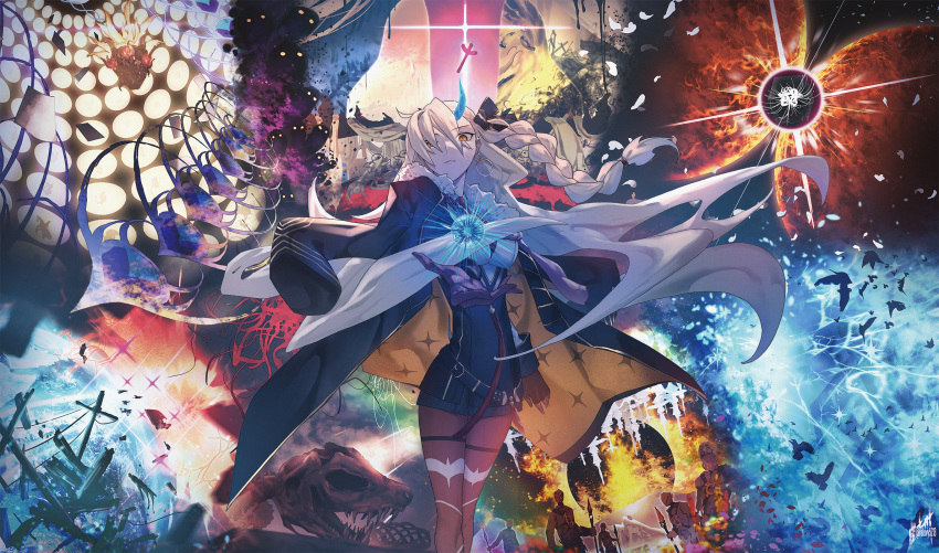 1girl, anastasia_(lostbelt)_(fate/grand_order), avalon_le_fae_(fate/grand_order), braid, cloak, commentary_request, earrings, fate/grand_order