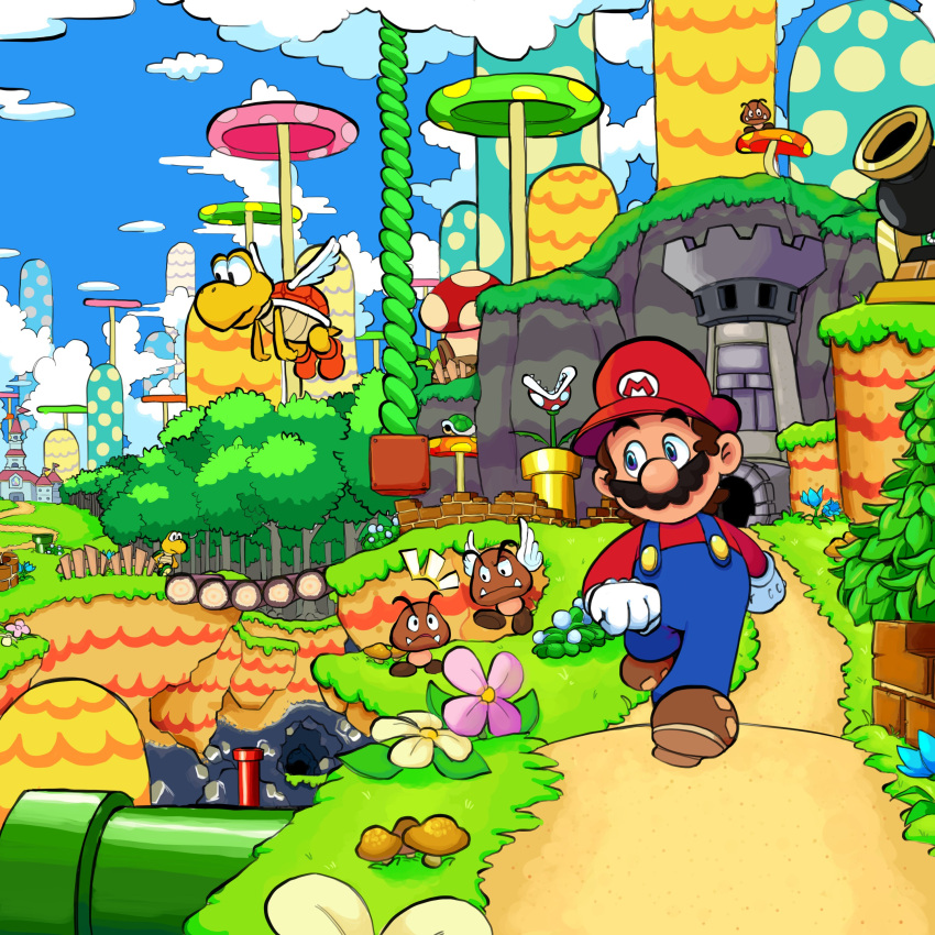 1boy, absurdres, black_eyes, block_(mario), block_(object), blue_eyes, blue_flower, blue_overalls, blue_sky, boots, bridge, brown_hair, brown_shoes, bush, buttons, castle, clouds, commentary, day, deeznutterbutts, english_commentary, facial_hair, fangs, flower, flying, gloves, goomba, grass, green_shell_(mario), hat, highres, hill, koopa_paratroopa, koopa_troopa, long_sleeves, looking_at_another, mario, mushroom, mustache, new_super_mario_bros., newsboy_cap, outdoors, overalls, paragoomba, pink_flower, piranha_plant, plant, princess_peach's_castle, red_boots, red_hat, red_shell_(mario), red_shirt, road, shirt, shoes, short_hair, sky, super_mario_bros., tower, tree, vines, walking, warp_cannon, warp_pipe, white_gloves, white_wings, wings, yellow_flower