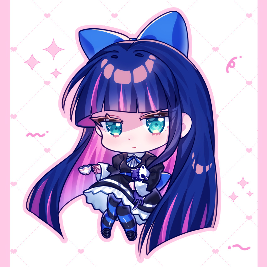 1girl, absurdly_long_hair, absurdres, aqua_eyes, belt, black_dress, black_pantyhose, black_shoes, blue_belt, blue_bow, blue_hair, blue_pantyhose, blue_ribbon, blunt_bangs, blunt_ends, bow, breasts, chibi, chibi_only, closed_mouth, collared_shirt, colored_inner_hair, cup, dress, full_body, hair_bow, hashtag-only_commentary, heart, heart_background, heart_in_eye, highres, holding, holding_cup, holding_stuffed_toy, honekoneko_(psg), invisible_chair, jitome, juliet_sleeves, knees_together_feet_apart, long_hair, long_sleeves, looking_at_viewer, multicolored_hair, nakamira, neck_ribbon, outline, panty_&amp;_stocking_with_garterbelt, pantyhose, petticoat, pillarboxed, pink_hair, pink_outline, puffy_sleeves, ribbed_shirt, ribbon, shirt, shoes, simple_background, sitting, small_breasts, solo, sparkle, stocking_(psg), straight_hair, streaked_hair, striped_clothes, striped_pantyhose, stuffed_animal, stuffed_cat, stuffed_toy, symbol_in_eye, teacup, two-tone_hair, two-tone_pantyhose, very_long_hair, white_background, white_shirt