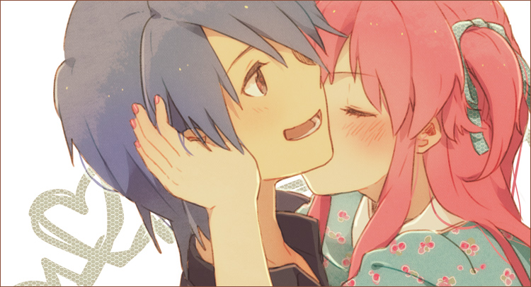 1girl, angel_beats!, blue_hair, brown_eyes, casual, closed_eyes, couple, eyes_closed