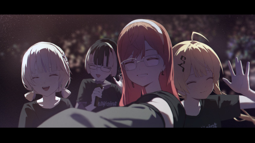 4girls, black_hair, black_shirt, blonde_hair, bongk, closed_eyes, earrings, glasses, grey_hair, grin, hair_ornament, hairband, highres, hololive, hololive_dev_is, ichijou_ririka, jewelry, juufuutei_raden, letterboxed, multicolored_hair, multiple_girls, musical_note, musical_note_hair_ornament, open_mouth, orange_hair, otonose_kanade, purple_hair, shirt, smile, streaked_hair, todoroki_hajime, waving, white_hairband