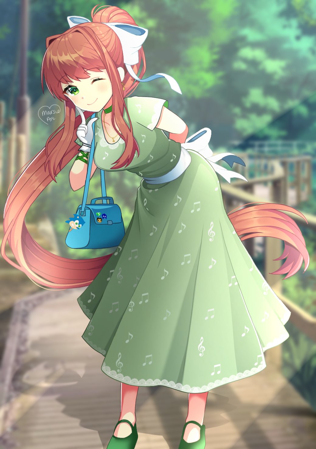 1girl, alternate_costume, aqua_bag, arm_behind_back, bag, bendy, bendy_and_the_ink_machine, blurry