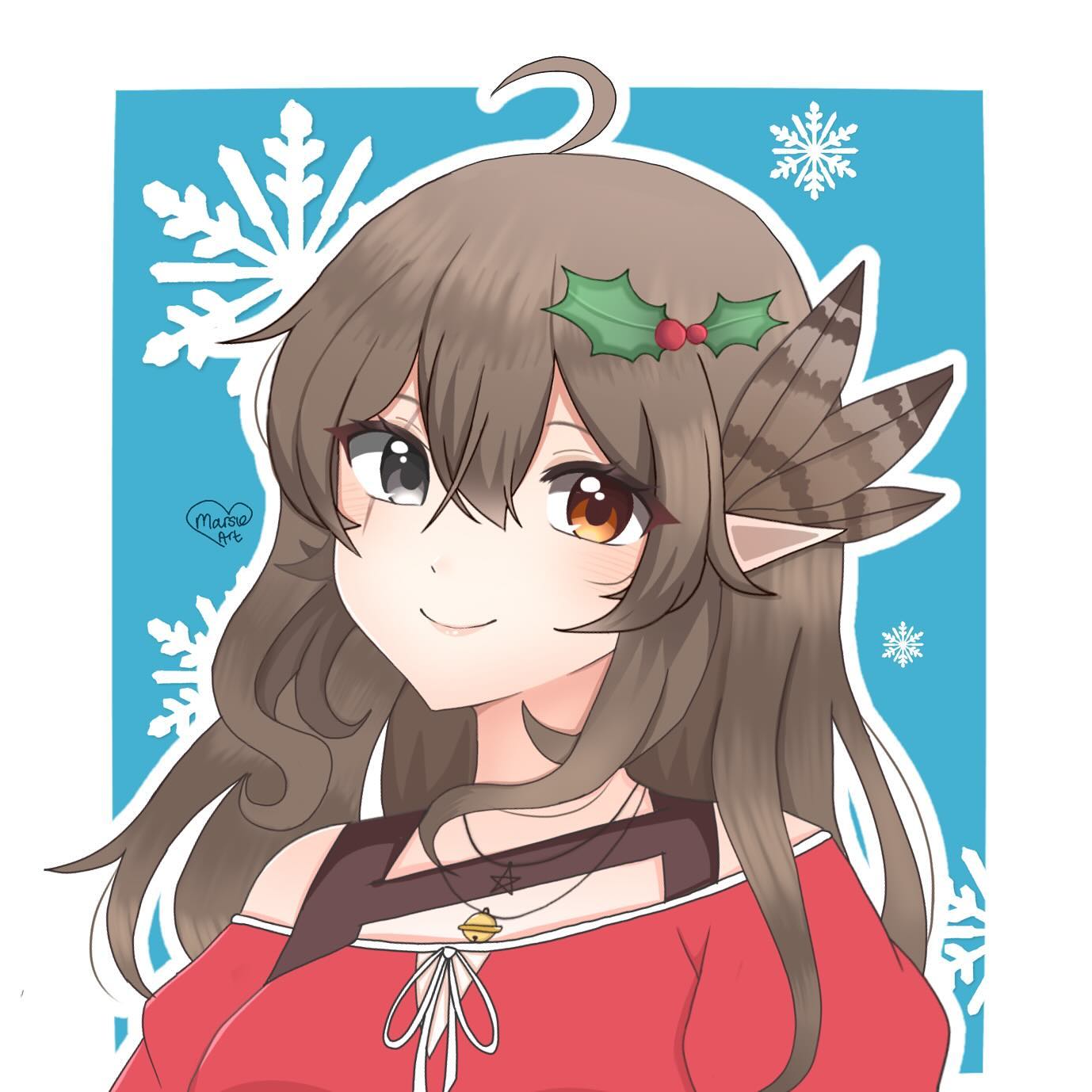 1girl, ahoge, bell, blue_background, border, brown_eyes, brown_hair, christmas, closed_mouth, commentary, english_commentary, eyelashes, feather_hair_ornament, feathers, grey_eyes, hair_between_eyes, hair_ornament, heterochromia, highres, holly_hair_ornament, indie_virtual_youtuber, jewelry, kumi_(vtuber), lips, long_hair, marsieart, neck_bell, neck_ribbon, necklace, outline, pointy_ears, portrait, ribbon, scar, scar_across_eye, scar_on_face, signature, smile, snowflakes, solo, star_(symbol), star_necklace, virtual_youtuber, white_border, white_outline, white_ribbon
