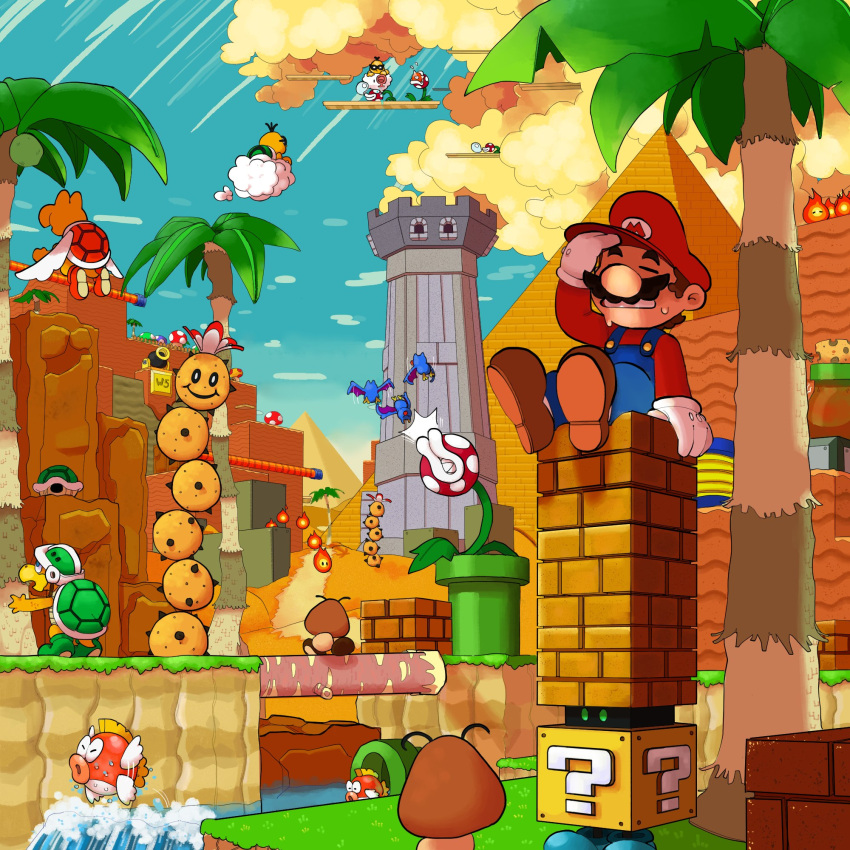 1boy, ?_block, block_(mario), block_(object), blockhopper, blue_sky, boots, bridge