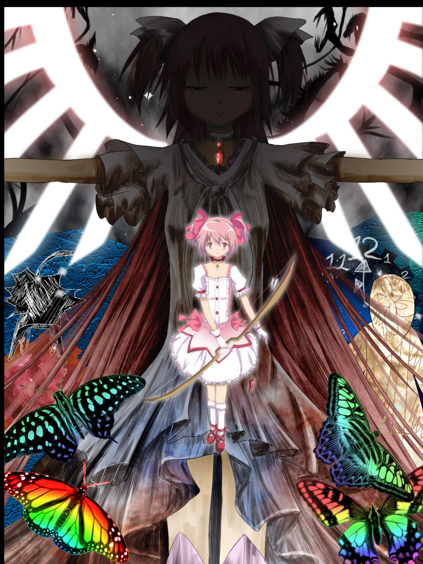 bow_(weapon), butterfly, choker, clock, dual_persona, goddess_madoka, hair_ribbon, highres