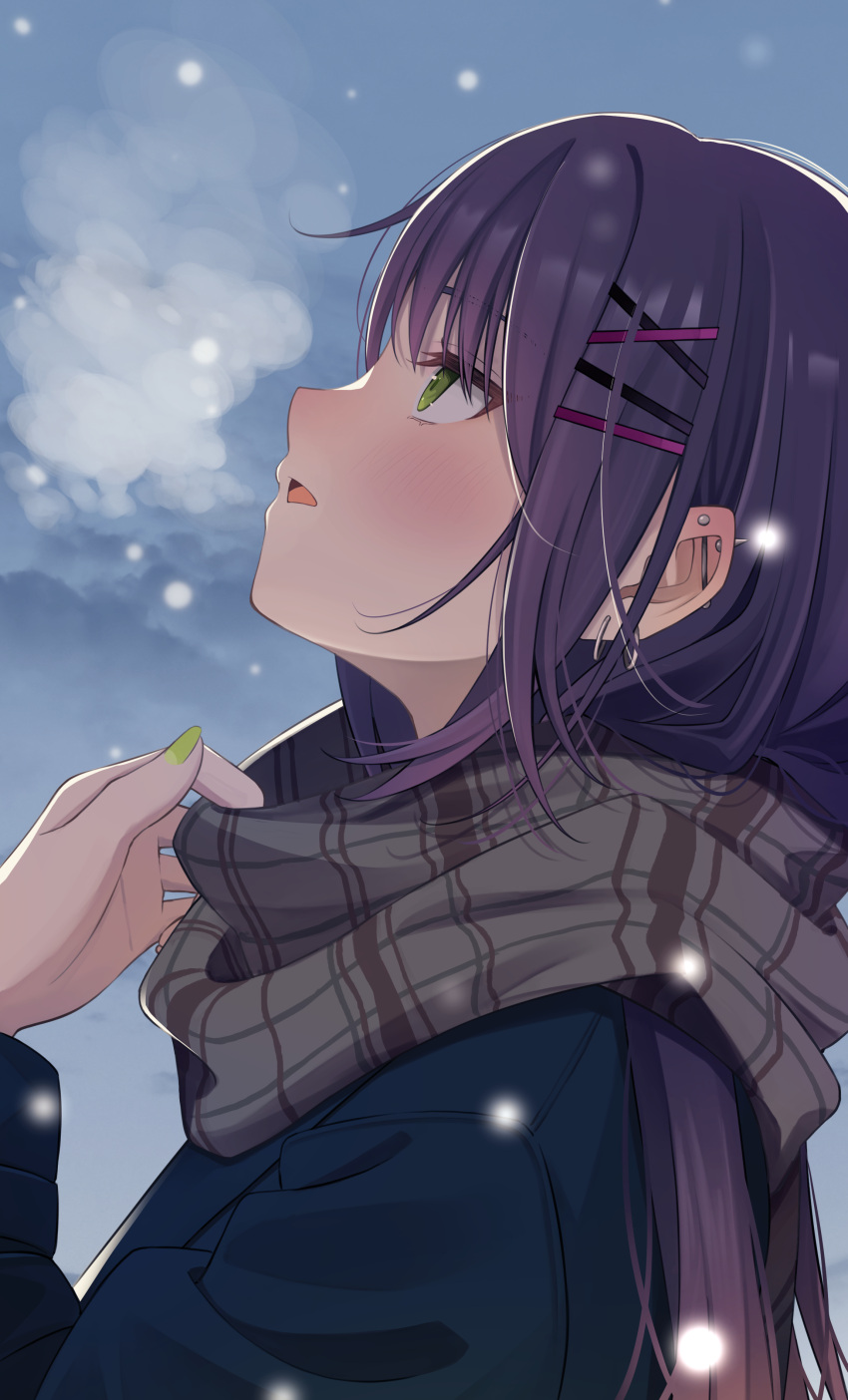 1girl, absurdres, aoba_takeru, barbell_piercing, blue_jacket, breath, ear_piercing, from_side