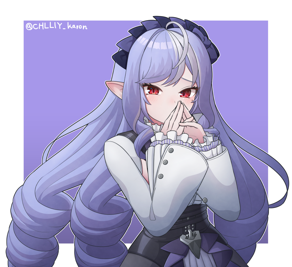 1girl, ahoge, black_dress, border, chiriwi, commentary_request, dress, drill_hair