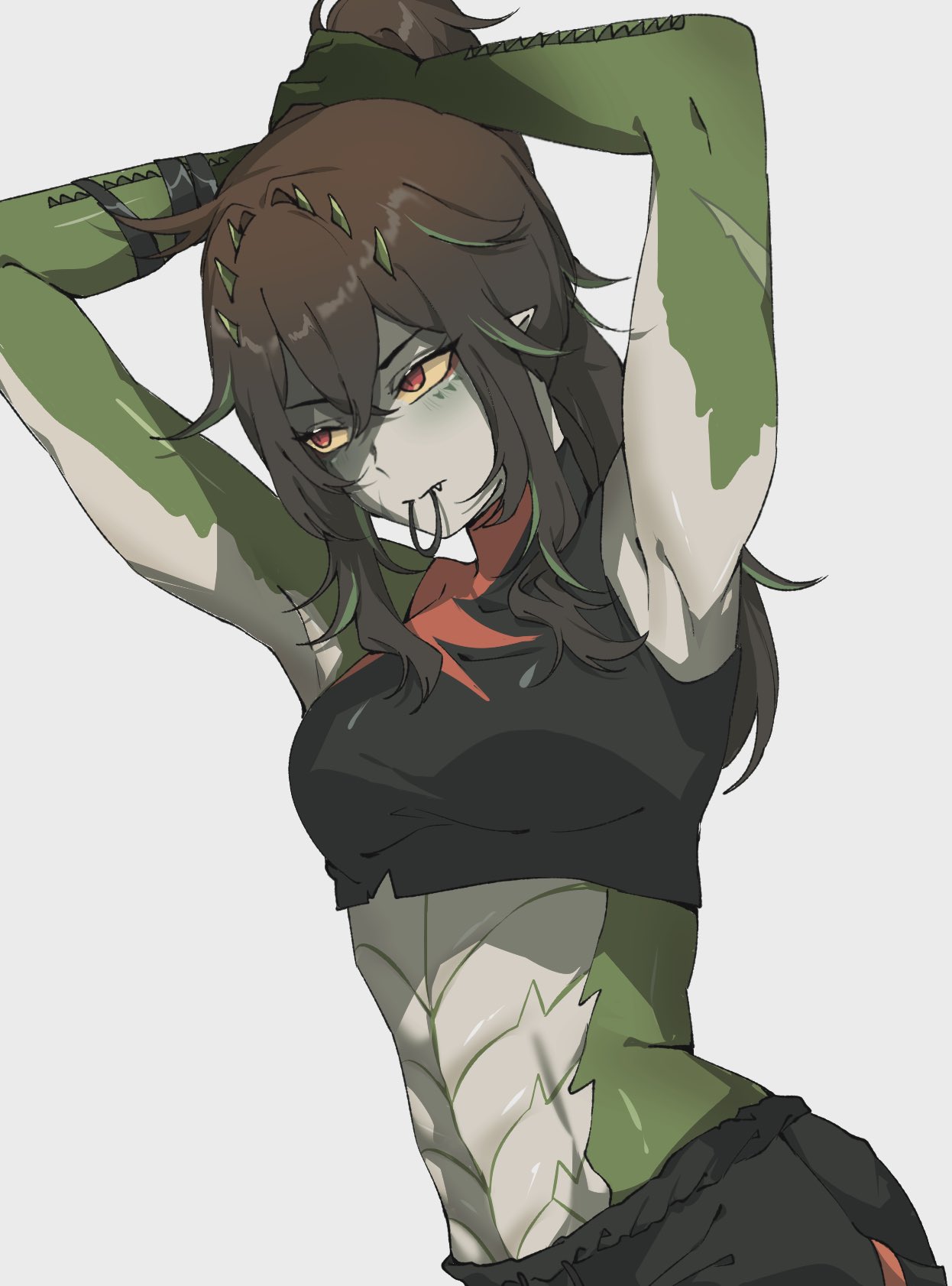 1girl, adjusting_hair, black_pants, black_shirt, brown_hair, colored_sclera, commentary, crocodile_girl