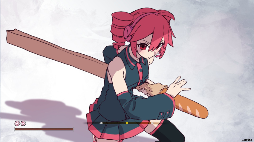 1girl, artist_name, baguette, bare_shoulders, black_shirt, black_skirt, black_sleeves, black_thighhighs