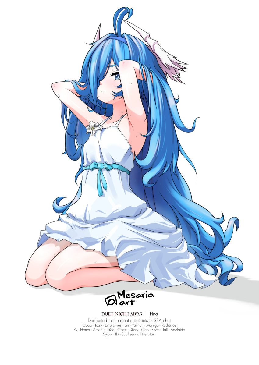 1girl, absurdres, arms_up, blue_eyes, blue_hair, blush, commentary, dress