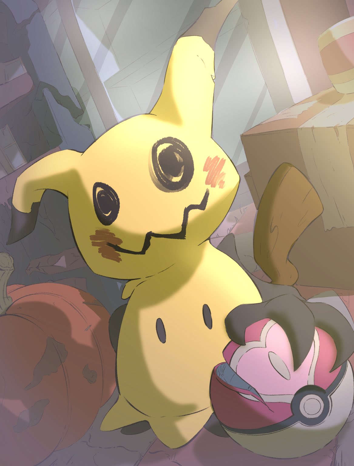 highres, indoors, looking_at_viewer, love_ball, mimikyu, no_humans, poke_ball, pokemon, pokemon_(creature), solo, the_creacher