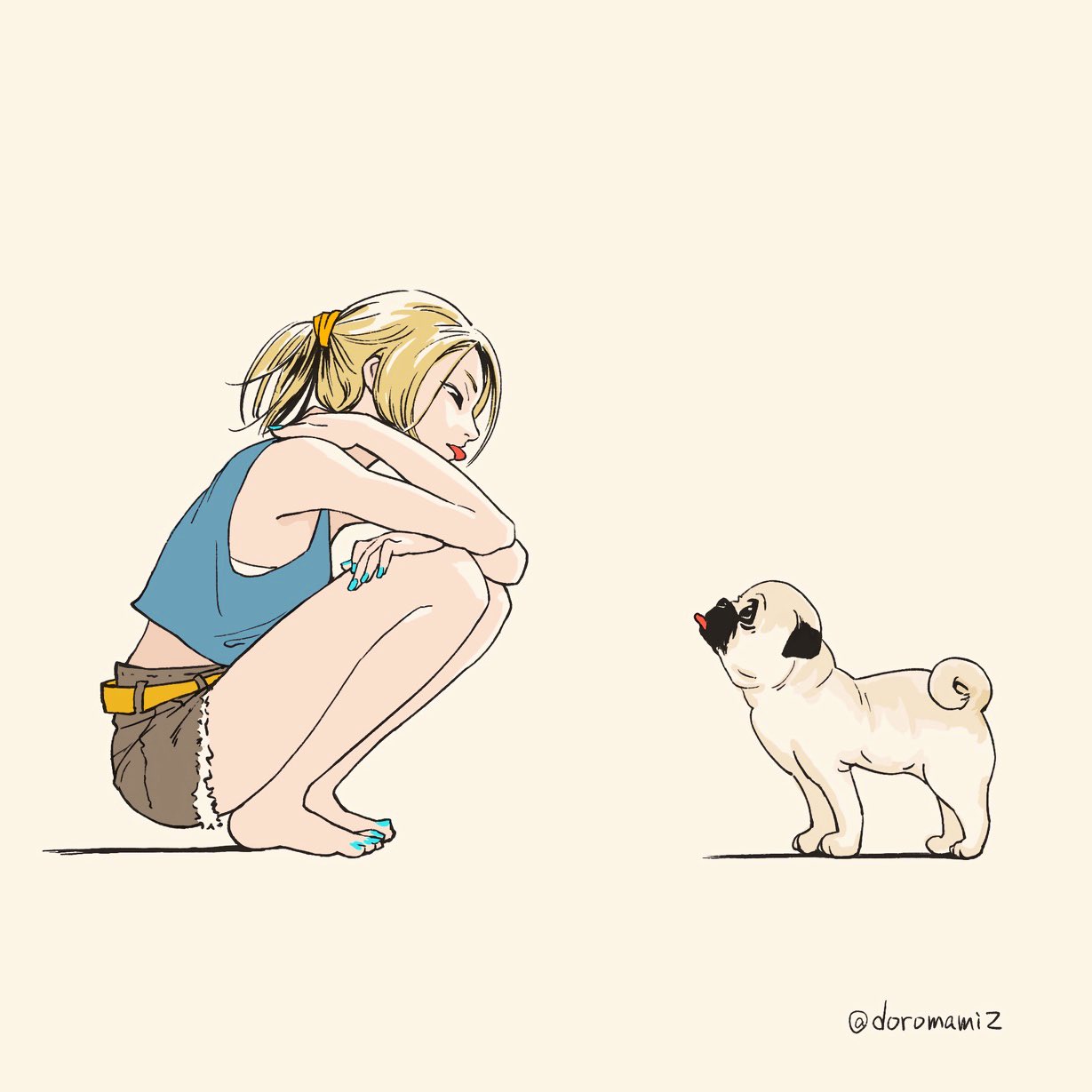 1girl, aqua_nails, barefoot, belt, blonde_hair, blue_tank_top, bra, brown_shorts, commentary, dog, doromamizu, from_side, full_body, highres, nail_polish, original, ponytail, pug, short_shorts, shorts, solo, squatting, tank_top, toenail_polish, toenails, tongue, tongue_out, underwear, white_bra, yellow_belt