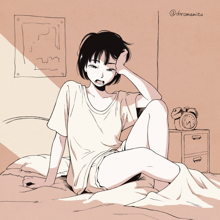 1girl, alarm_clock, arm_support, bed, breasts, clock, commentary_request, doromamizu, drawer, greyscale, highres, monochrome, open_mouth, original, pillow, shirt, short_hair, short_shorts, shorts, small_breasts, solo, t-shirt, twitter_username, waking_up, yawning