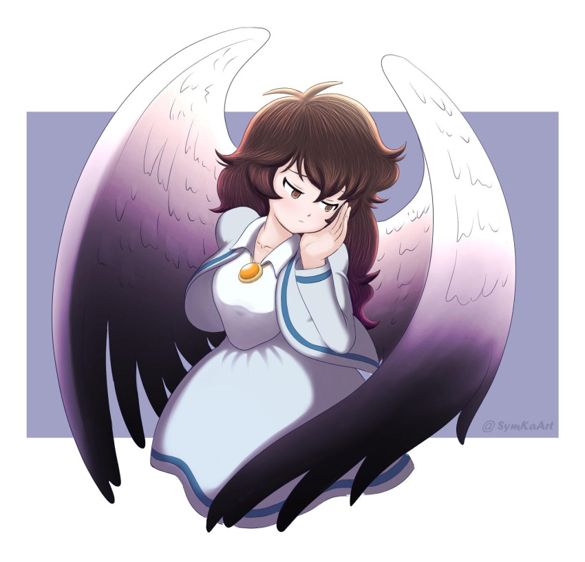 1girl, angel, angel_wings, arm_behind_back, artist_name, blue_background, brown_eyes, brown_hair