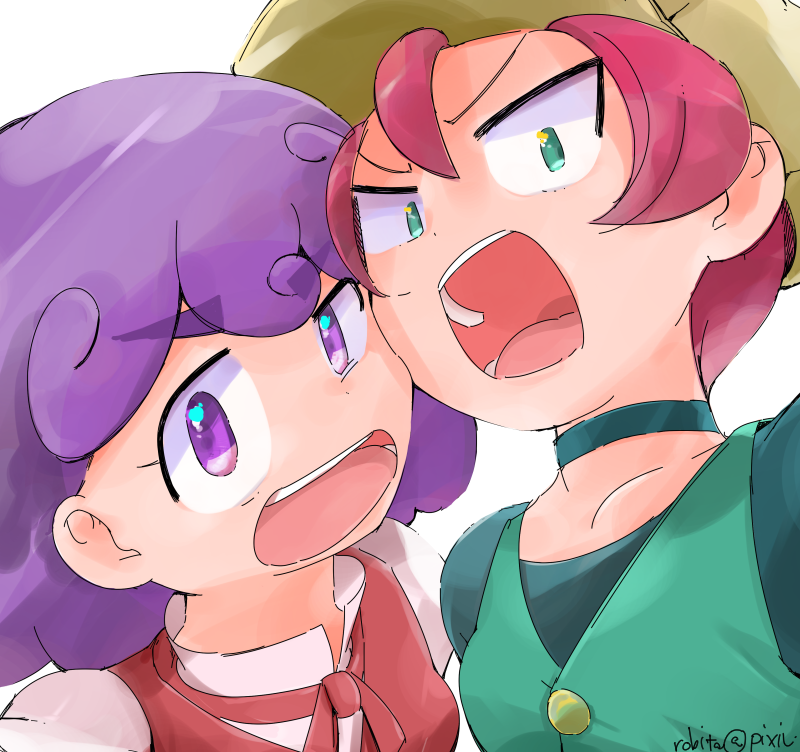 2girls, angry, aqua_choker, aqua_shirt, burgundy_(pokemon), cheek-to-cheek, choker, commentary_request
