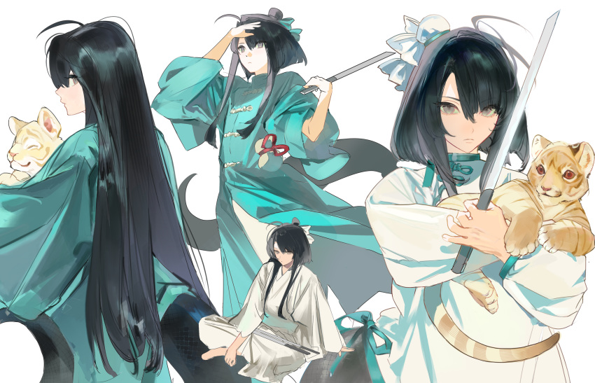 1girl, absurdres, ahoge, animal, aqua_coat, baby_animal, black_eyes, black_hair, chinese_clothes, chinese_commentary, closed_mouth, coat, commentary_request, expressionless, frown, gourd, hair_ornament, hanfu, highres, holding, holding_animal, holding_sword, holding_weapon, long_hair, long_sleeves, multiple_views, original, poking22192, shirt, short_hair_with_long_locks, simple_background, sitting, sword, tiger, tiger_cub, tsurime, weapon, white_background, white_hanfu, white_shirt