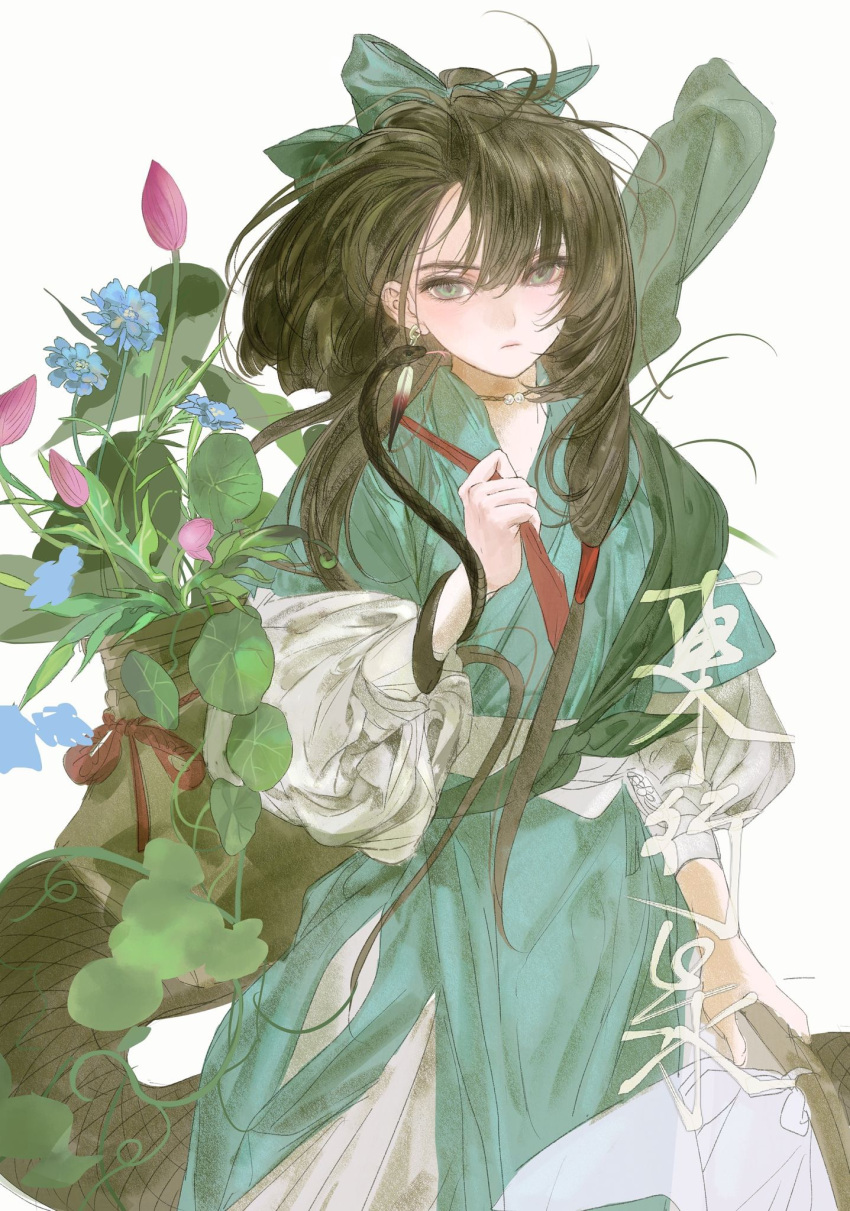 1girl, aqua_bow, aqua_hanfu, black_hair, blue_flower, bow, chinese_clothes, chinese_commentary