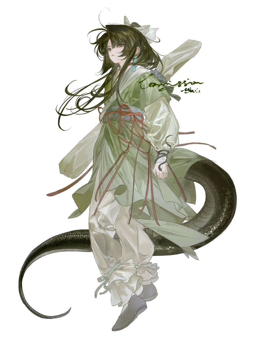 1girl, absurdres, black_hair, black_shoes, blue_sky, bow, chinese_clothes, chinese_commentary