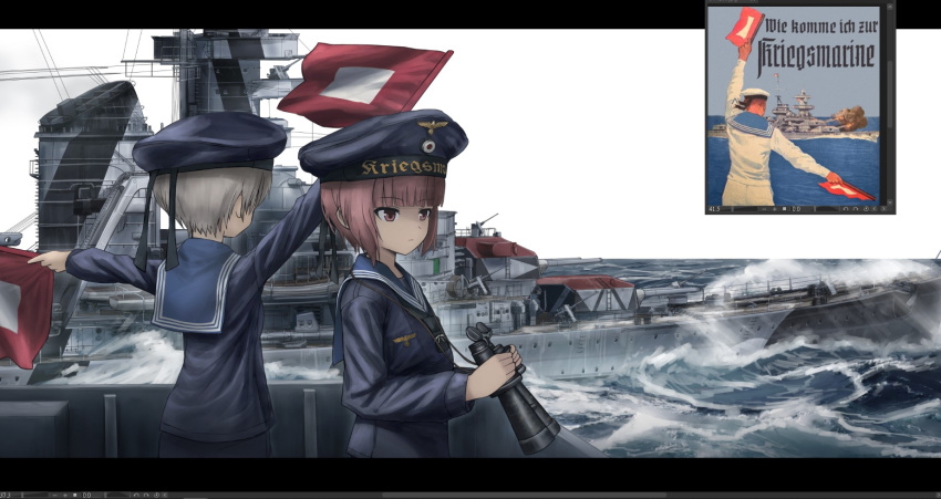 2girls, anti-aircraft_gun, binoculars, blue_sailor_collar, blue_shirt, brown_eyes, brown_hair, clothes_writing