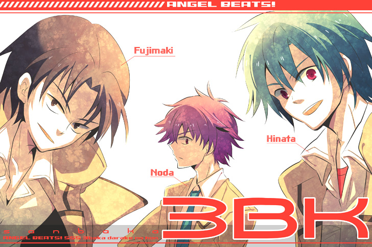 3boys, angel_beats!, brown_eyes, brown_hair, fujimaki_(angel_beats!), green_hair, hinata_(angel_beats!), male
