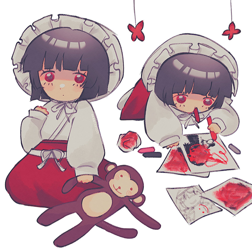 1girl, aged_down, baby, black_hair, blunt_bangs, crayon, drawing_(action), eating_crayons