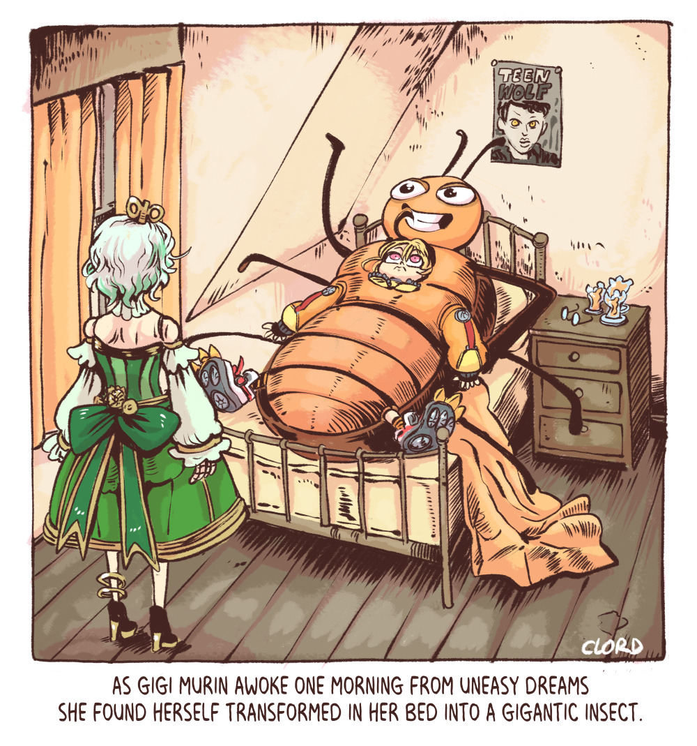 2girls, animal_costume, artist_name, back_bow, bed, black_boots, blonde_hair, boots, bow, bug_costume, cabinet, cecilia_immergreen, cecilia_immergreen_(1st_costume), claude_tc, commentary, detached_sleeves, dress, english_commentary, english_text, gigi_murin, gigi_murin_(1st_costume), green_bow, green_dress, green_hair, hololive, hololive_english, indoors, long_sleeves, looking_at_another, lying, medium_hair, multicolored_hair, multiple_girls, on_back, on_bed, parody, pink_eyes, poster_(object), puffy_long_sleeves, puffy_sleeves, standing, the_metamorphosis, two-tone_hair, virtual_youtuber, white_hair, white_sleeves, winding_key
