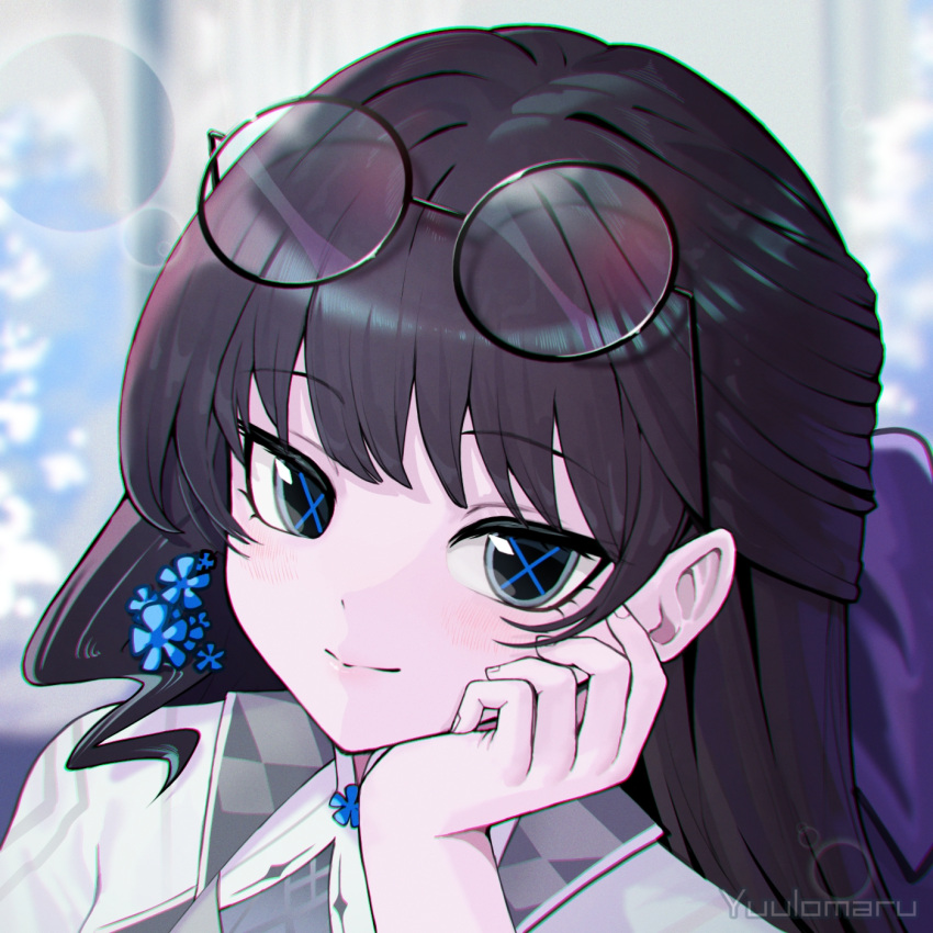 1girl, black_eyes, black_hair, blue_flower, blue_pupils, blush, flower, glasses, hair_ornament, highres, jacket, long_hair, looking_at_viewer, original, petals, round_eyewear, smile, solo, symbol-shaped_pupils, white_jacket, x-shaped_pupils, yangie37