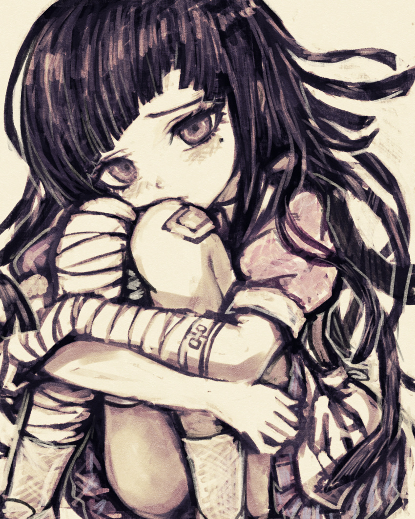 1girl, bandaged_arm, bandaged_leg, bandages, bandaid, bandaid_on_knee, bandaid_on_leg, commentary_request, crossed_arms, danganronpa_(series), danganronpa_2:_goodbye_despair, eyelashes, highres, long_hair, mole, mole_under_eye, monochrome, short_sleeves, simple_background, sitting, solo, tsukihi_shida, tsumiki_mikan, white_background
