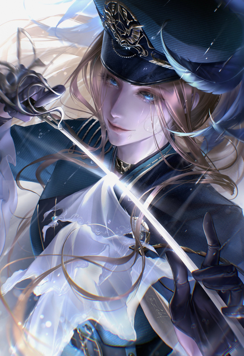 1girl, absurdres, ascot, augustus_(path_to_nowhere), black_gloves, blue_eyes, commentary, english_commentary, from_above, gloves, hat, highres, holding, holding_sword, holding_weapon, looking_at_viewer, military_uniform, path_to_nowhere, rapier, sword, upper_body, weapon, zelef01367455