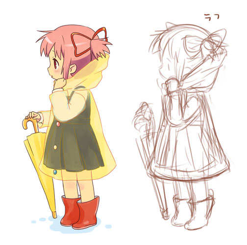 galoshes, machico, mahou_shoujo_madoka_magica, pink_hair, raincoat, red_eyes, rubber_boots, short_hair, sketch, twintails, umbrella, young