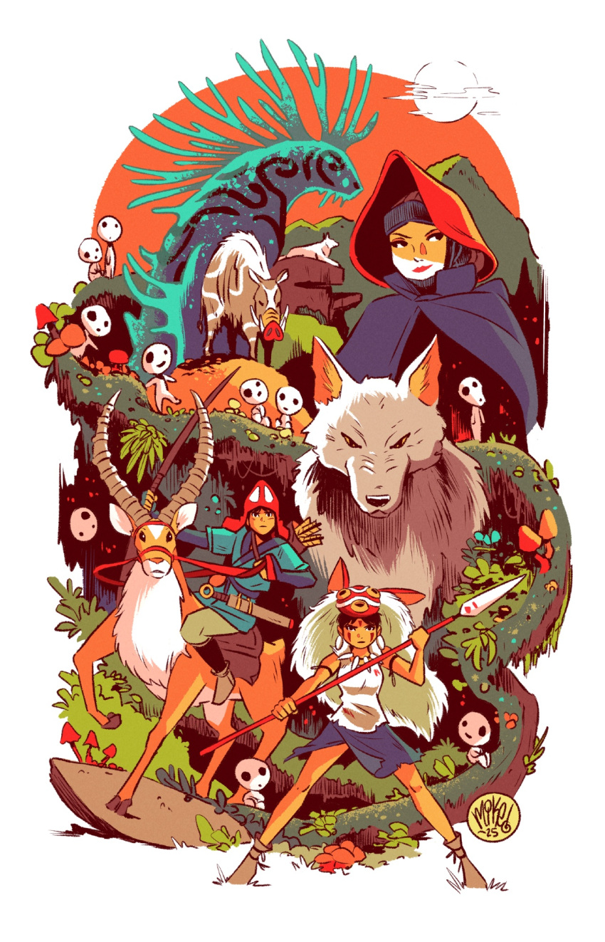 1boy, 2girls, alt_text, antelope, artist_name, ashitaka, black_eyes, boar