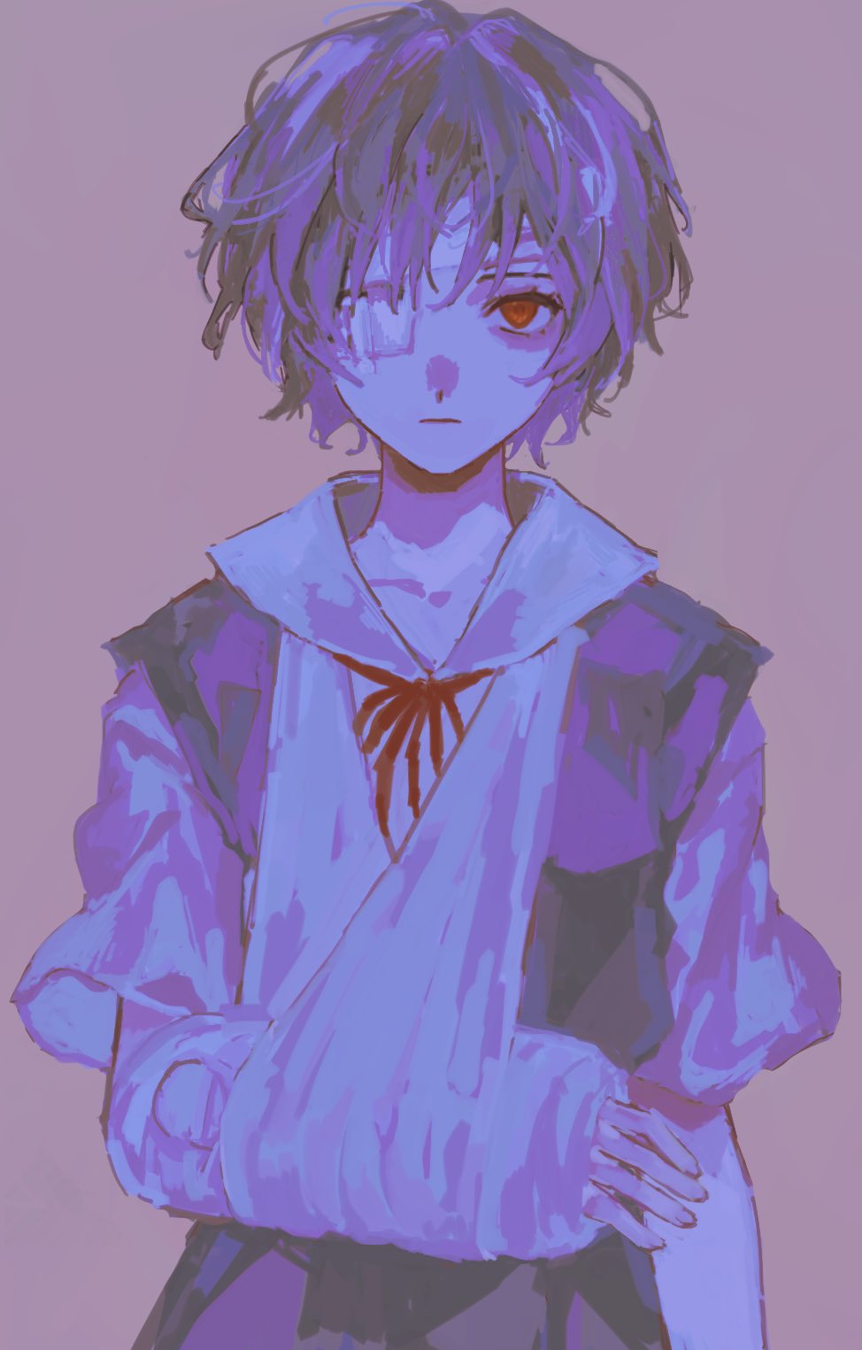 1girl, arm_sling, ayanami_rei, bandaged_head, bandages, blue_skirt, cast, closed_mouth