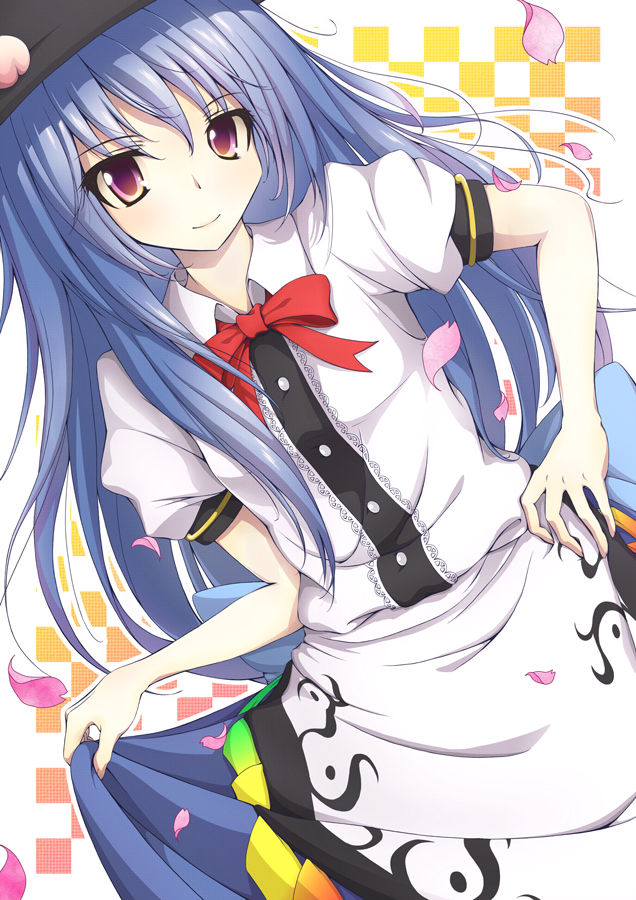 blue_hair, blush, bow, cherry_blossoms, food, fruit, hat, hinanawi_tenshi