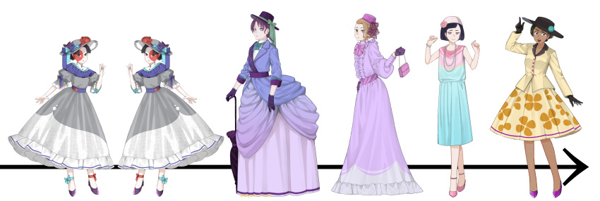 6+girls, :d, absurdres, alternate_costume, ankle_bow, ankle_strap, aqua_bow, aqua_bowtie