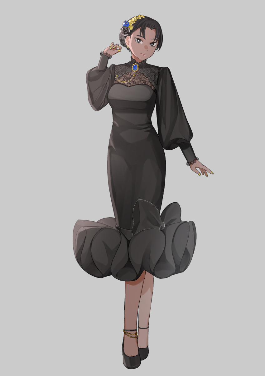1girl, absurdres, alternate_costume, ankle_strap, black_dress, black_eyes, black_flower, black_hair, black_shoes, blue_flower, blue_gem, breasts, bright_pupils, brooch, closed_mouth, commentary_request, contemporary, curtained_hair, dark-skinned_female, dark_skin, dress, earrings, fashion, flats, flower, full_body, gekijouban_mononoke, gem, grey_background, hair_flower, hair_ornament, hand_up, highres, hobble_dress, jewelry, lace_dress, light_smile, lipstick, long_dress, long_sleeves, looking_at_viewer, makeup, medium_breasts, medium_dress, mononoke, mugicha_koucha, nail_polish, no_socks, pink_lips, puffy_long_sleeves, puffy_sleeves, shoes, sidelighting, simple_background, solo, standing, stud_earrings, tight_clothes, tight_dress, toe_cleavage, tokita_fuki, twitter_username, updo, white_pupils, yellow_nails