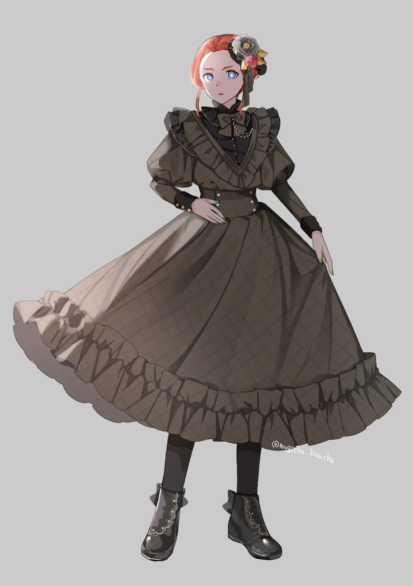 1girl, absurdres, alternate_costume, ankle_boots, black_boots, black_pantyhose, blue_eyes, boots, bow, bowtie, bright_pupils, closed_mouth, commentary_request, contemporary, dress, fascinator, fashion, flower, frilled_dress, frills, frown, full_body, gekijouban_mononoke, green_nails, grey_background, grey_bow, grey_bowtie, grey_dress, grey_flower, hair_flower, hair_ornament, hand_on_own_stomach, highres, juliet_sleeves, lipstick, long_dress, long_sleeves, looking_at_viewer, makeup, mononoke, mugicha_koucha, nail_polish, orange_hair, otomo_botan, pantyhose, pink_flower, pink_lips, puffy_sleeves, sidelighting, simple_background, skirt_hold, sleeve_cuffs, solo, standing, twitter_username, updo, wedge_heels, white_pupils