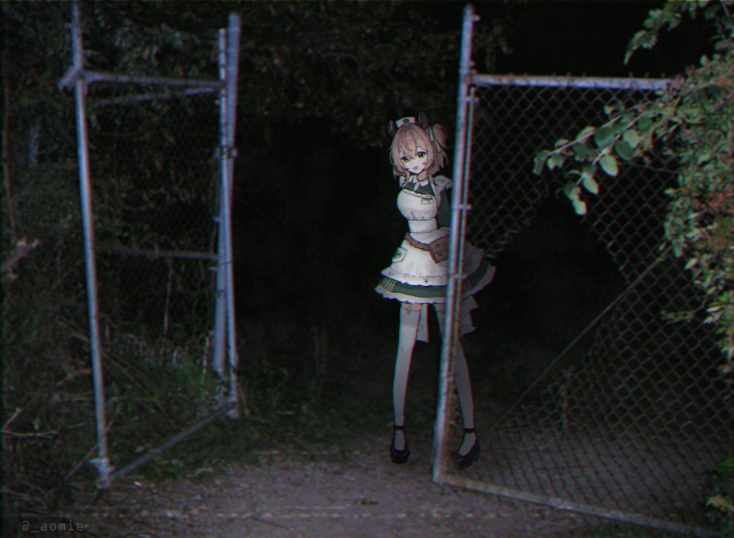 1girl, :d, analog_horror, animal_ears, aomie, apron, arms_behind_back, brown_hair, chain-link_fence, commentary, dress, fence, full_body, green_dress, hat, hole_in_fence, horror_(theme), indie_virtual_youtuber, looking_at_viewer, night, nimi_nightmare, nimi_nightmare_(1st_costume), nurse_cap, one_side_up, photo_background, pouch, smile, solo, standing, tapir_ears, tapir_girl, thigh-highs, tree, twitter_username, vhs_artifacts, virtual_youtuber, white_thighhighs