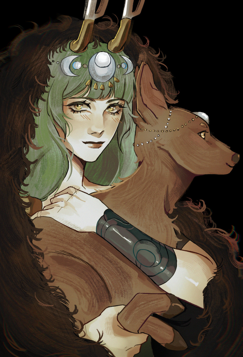 1girl, absurdres, animal, artemis_(hades), black_background, bracer, commentary, crescent