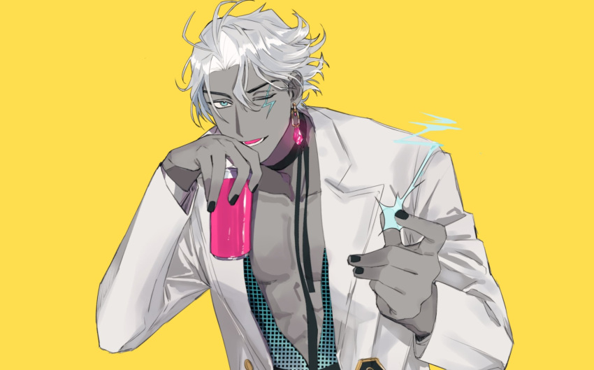 1boy, abs, black_choker, black_nails, blue_eyes, can, choker, colored_skin