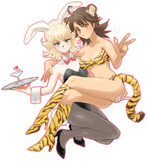 animal_costume, animal_ears, bad_id, barnaby_brooks_jr, bikini, blonde_hair, brown_hair, bunny_costume, bunny_ears, bunnysuit, collar, dish, eyelashes, genderswap, green_eyes, high_heels, kaburagi_t_kotetsu, multiple_girls, pantyhose, shoes, suho-i47, swimsuit, tail, tiger_&amp;_bunny, tiger_bikini, tiger_ears, tiger_print, tiger_stripes, tiger_tail, v, waitress, wrist_cuffs, yellow_eyes
