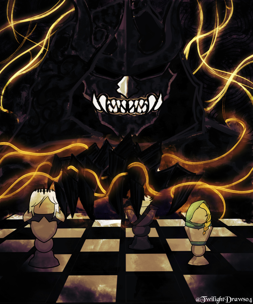 1other, absurdres, adventoftwilight, bad_link, black_skin, cassie_(shadow_slave), chessboard, cloak