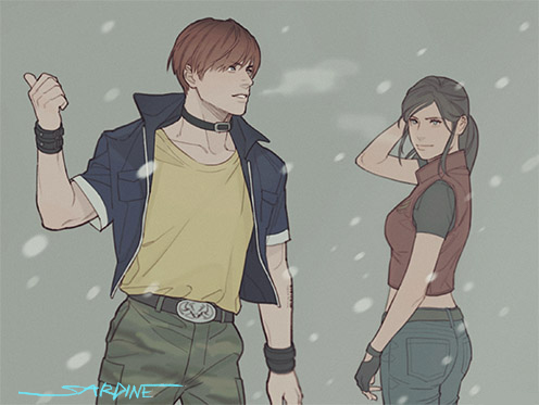 1boy, 1girl, belt, black_gloves, blue_eyes, bracelet, brown_hair, choker